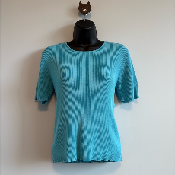 Biline 100% Silk Short Sleeve Ribbed Top | Size Large - Picture 1 of 5